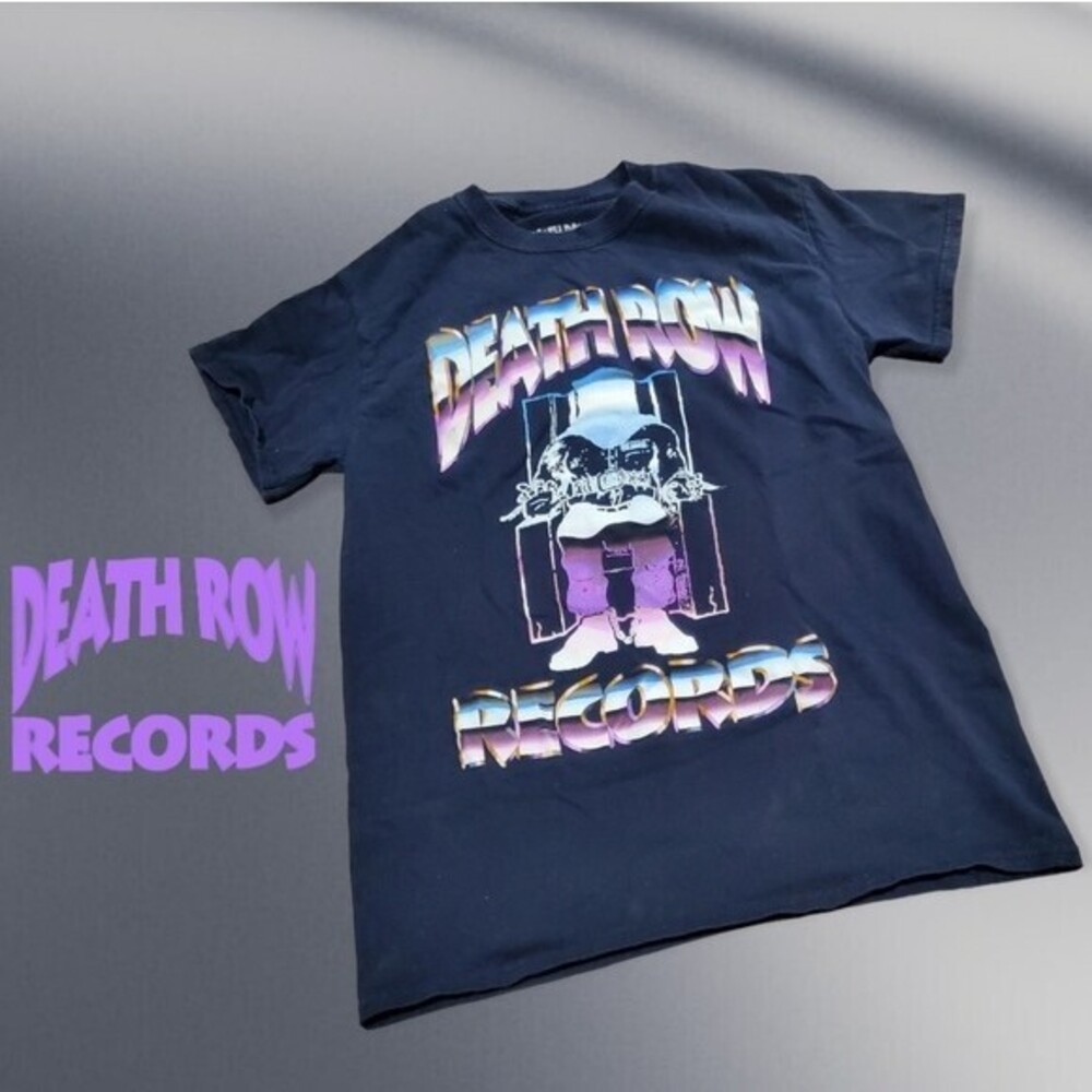 Death Row Records Graphic T-Shirt Mens Electric Chair Logo Navy Blue Medium